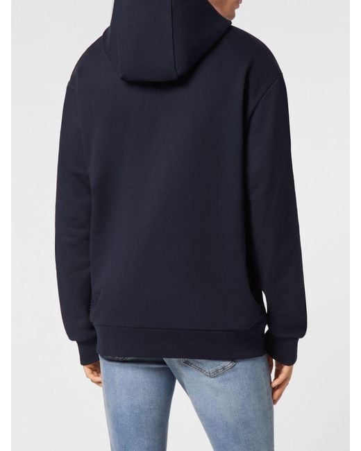 Philipp Plein Blue Dropped Shoulder Cotton Hoodie With Applied Logo for men