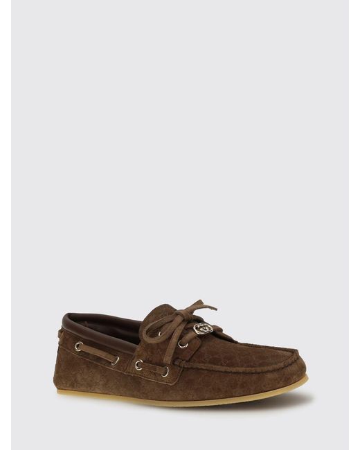 Gucci Brown Suede Boat Loafers With Gg Monogram