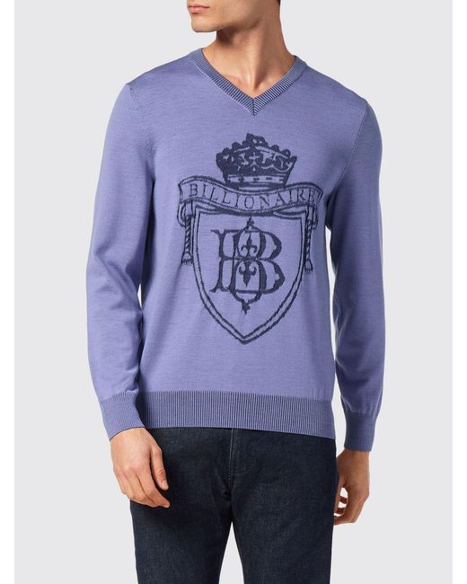 Billionaire Blue Wool And Silk V-Neck Jumper With Jacquard Crest for men