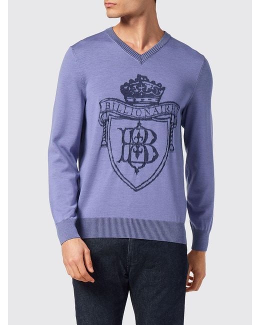 Billionaire Blue Wool And Silk V-Neck Jumper With Jacquard Crest for men