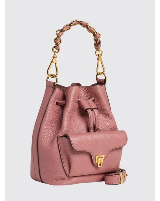 Coccinelle Pink Beat Generation Leather Mini Bucket Bag With Woven Handle
