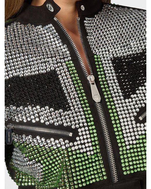 Philipp Plein Green Cropped Suede Biker Jacket With Rhinestones