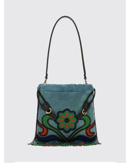 Etro Green Kalispera Suede Ovine Leather Mini Bag With Floral Embroidery