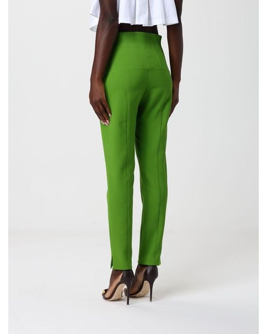 Elisabetta Franchi Green Double Stretch Crepe Trousers With Logo