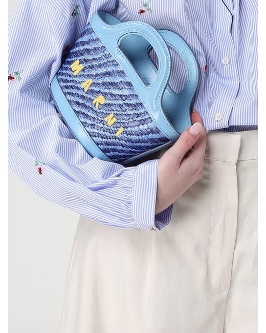 Marni Blue Tropicalia Mini Raffia And Leather Bag With Embroidered Logo