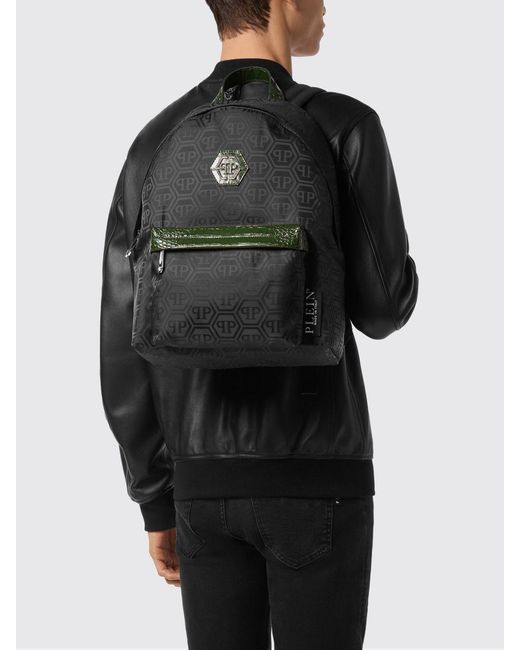 Philipp Plein Black Nylon Backpack With Jacquard Hexagon And Crocodile Print Leather for men