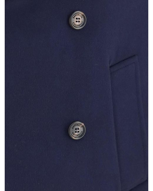 Brunello Cucinelli Blue Double-Breasted Caban Coat for men