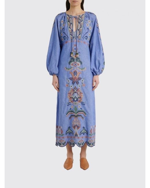 Farm Rio Blue Garden Tapestry Linen Dress With Embroidery