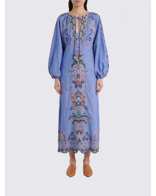 Farm Rio Blue Garden Tapestry Linen Dress With Embroidery