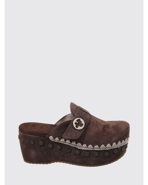 Mou Brown Plain Suede Clogs With Studs