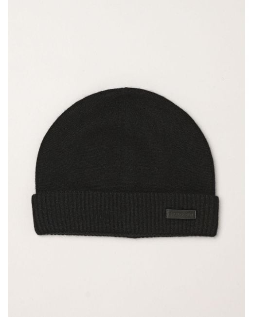 Emporio Armani Black Pure Cashmere Ribbed-Knit Beanie Hat for men