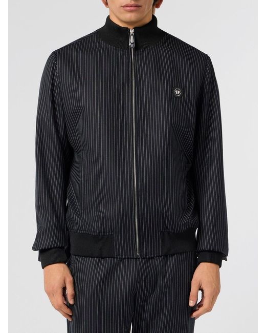 Philipp Plein Black Striped Virgin Wool Bomber for men