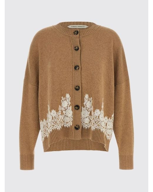Alberta Ferretti Natural Cashmere And Camel Hair Cardigan With Lace Inserts