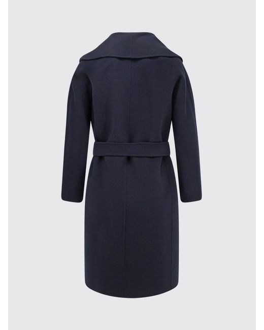 Max Mara Blue Belted Virgin Wool Robe Coat With Shawl Collar