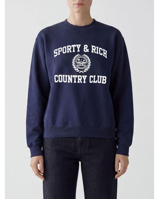 Sporty & Rich Blue Sporty &Amp Rich Varsity Crest Essential Crewneck Cotton Sweatshirt