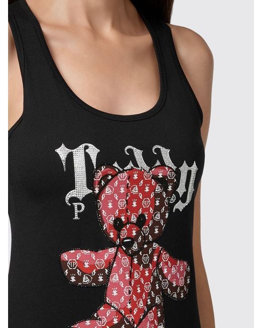 Philipp Plein Black Slim Fit Teddy Bear Print Jersey Tank Top With Square Neck