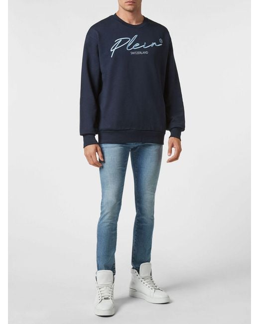 Philipp Plein Blue Cotton Crewneck Sweatshirt With Dropped Shoulders And Contrast Logo for men