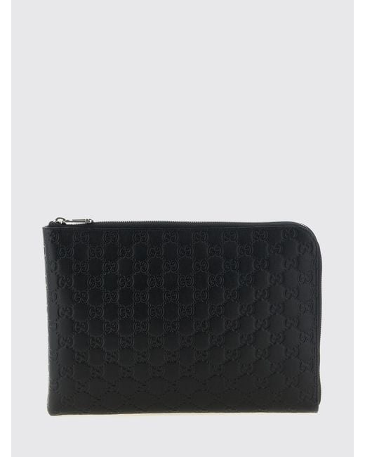 Gucci Black Gg Emblem Embossed Leather Pouch for men