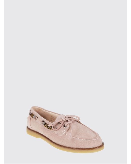 Pinko Pink Grace Suede Boat Loafers With Metallic Inserts