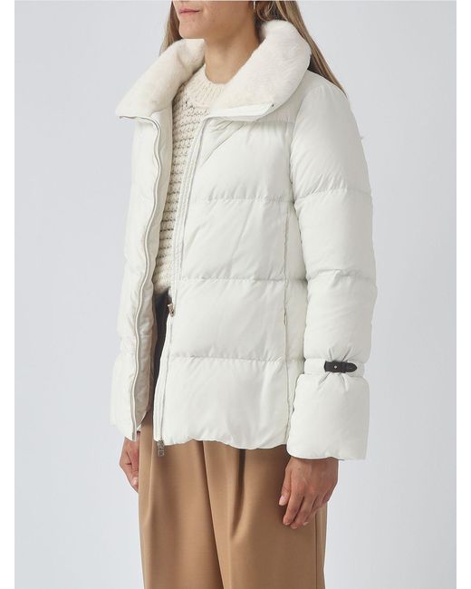 Herno White Quilted Ultra-Light Nylon Down Jacket With Fur Collar
