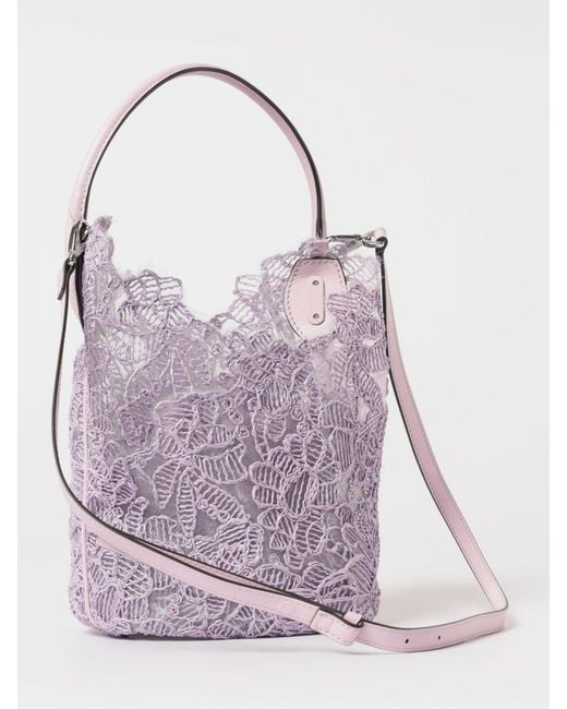 Ermanno Scervino Purple Embroidered Floral Motif Mesh Nylon And Raffia Bag