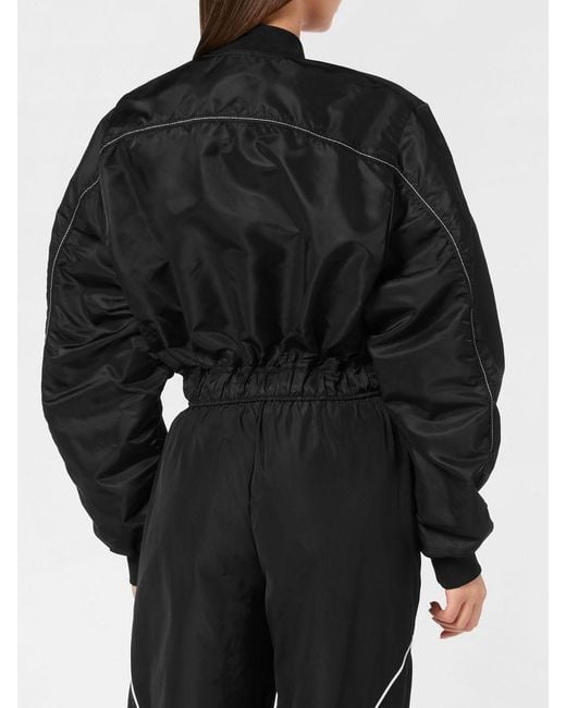 Philipp Plein Black Polyester Crop Bomber Jacket