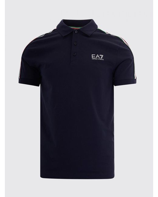 EA7 Blue Cotton Polo Shirt With Italia Print for men