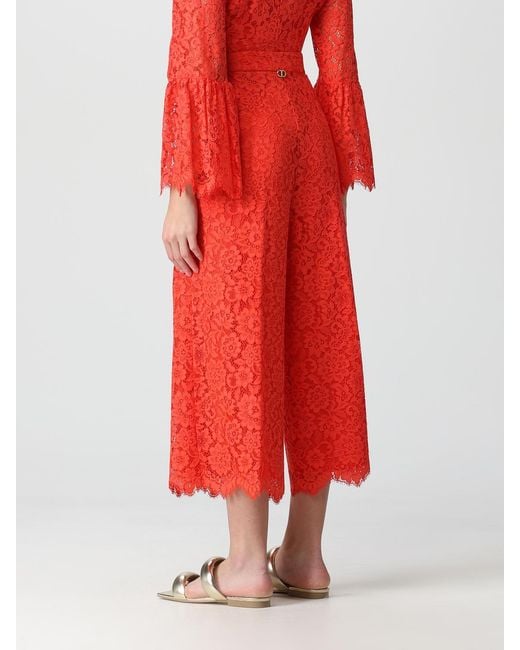 Twinset Red Trousers In Macramé Lace