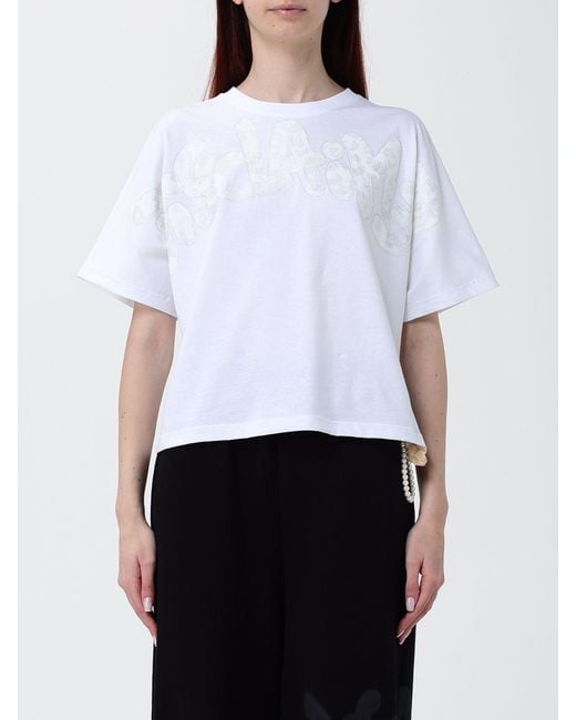 DISCLAIMER White Cropped Cotton T-Shirt With Printed Logo And Crew Neck