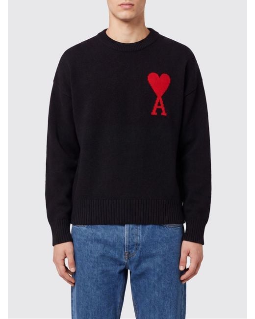 AMI Blue Crew-Neck Wool Jumper With Contrast Logo for men