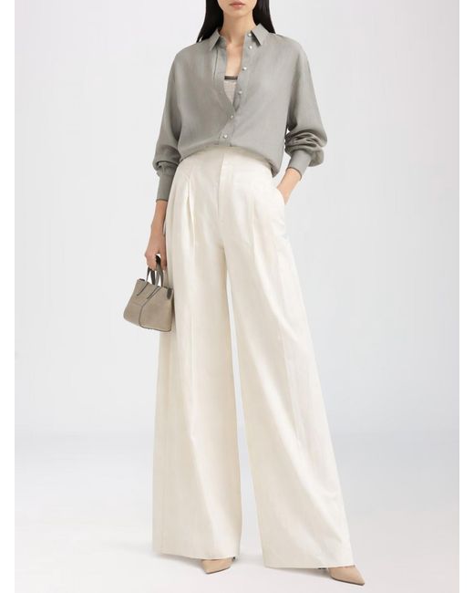 Brunello Cucinelli White Linen Blend Wide-Leg Trousers