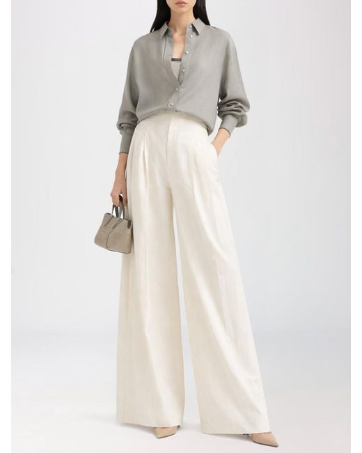 Brunello Cucinelli White Linen Blend Wide-Leg Trousers