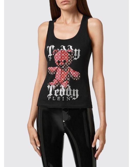 Philipp Plein Black Slim Fit Teddy Bear Print Jersey Tank Top With Square Neck