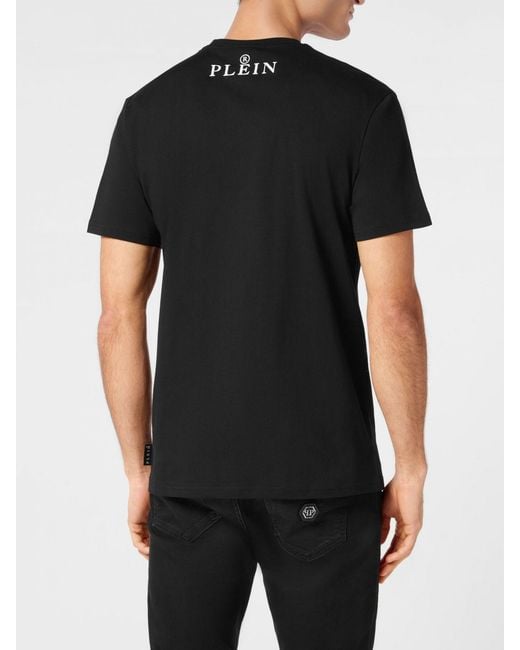 Philipp Plein Black Embroidered Rhinestone Logo Cotton T-Shirt for men