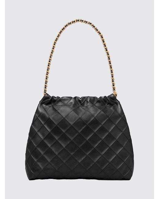 Tory Burch Black Fleming Quilted Lambskin Leather Shoulder Bag With Logo