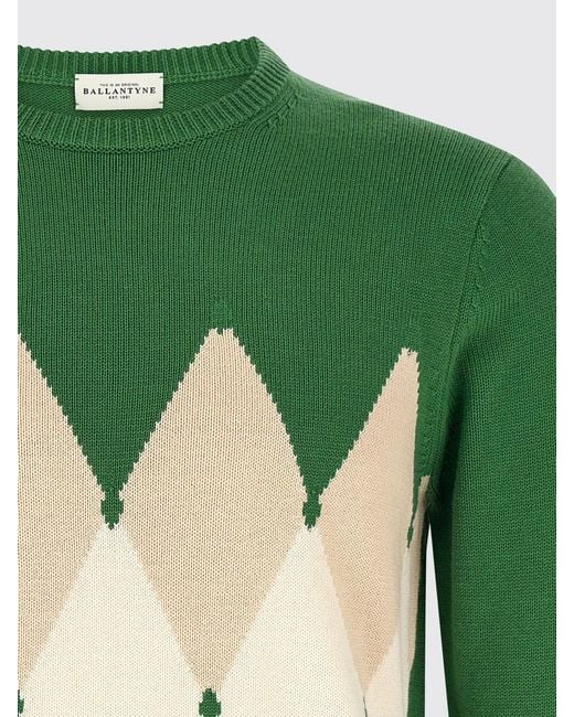 Ballantyne Green Argyle Cotton And Cashmere Blend Crew Neck Sweater With Slim Fit for men