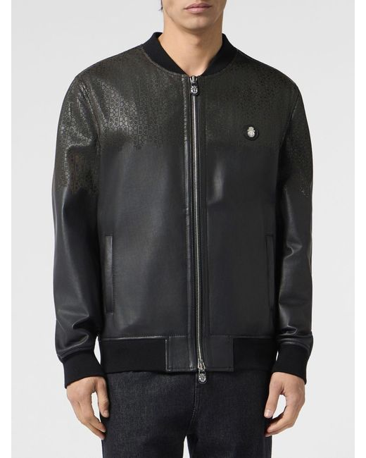 Billionaire Black Leather Bomber Jacket With Monogram Pattern And Applied Logo for men