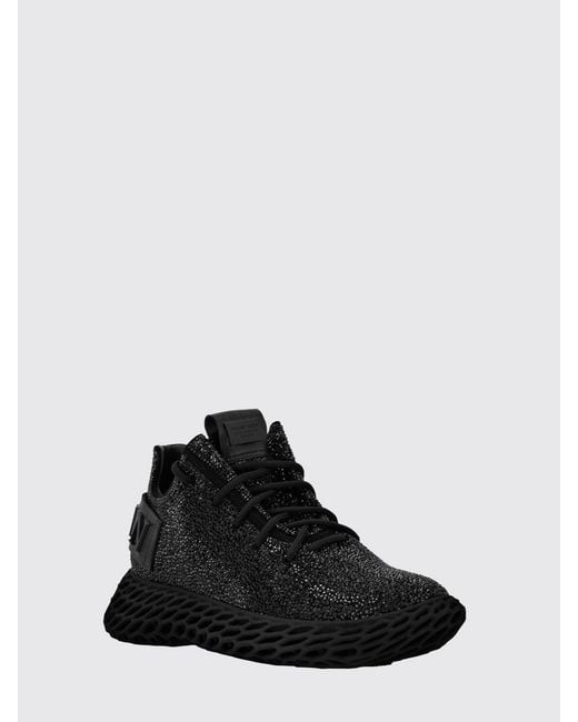Philipp Plein Black Skeleton Runner Leather Sneakers With Rhinestone Embellishment