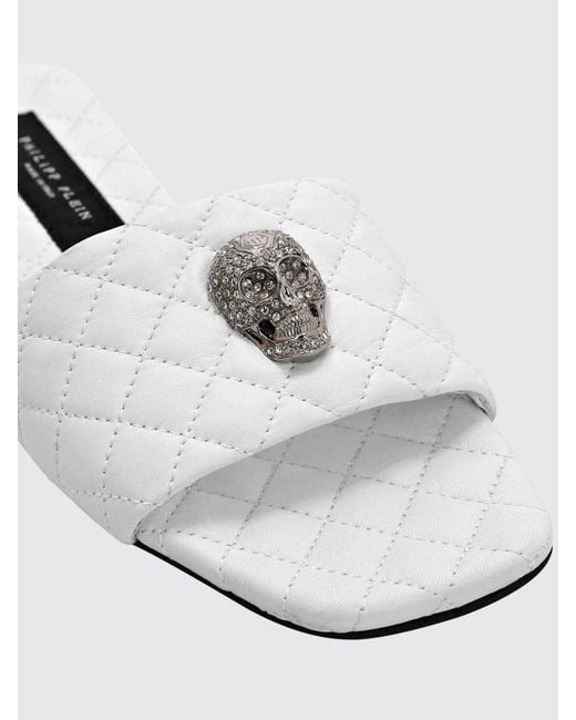 Philipp Plein White Quilted Leather Low-Heel Mules With Skull Detail