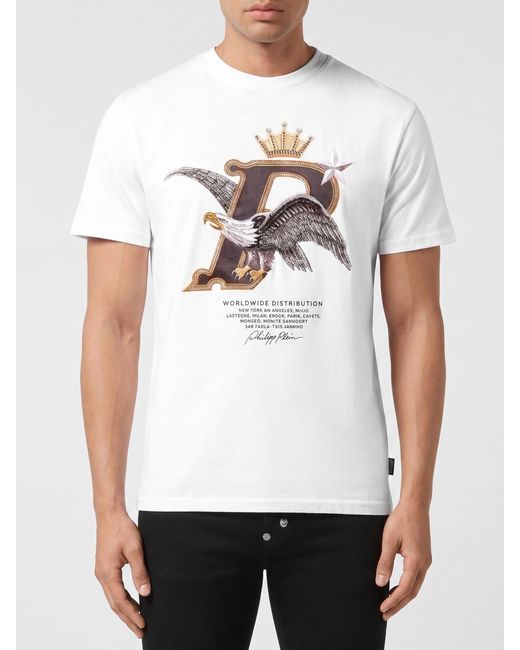Philipp Plein White Cotton T-Shirt With Logo And Rhinestones for men
