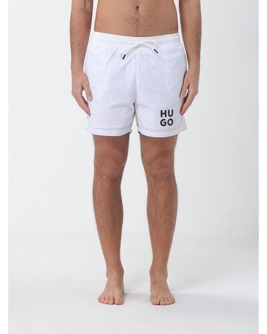 HUGO White Polyester Boxer Swim Trunks for men