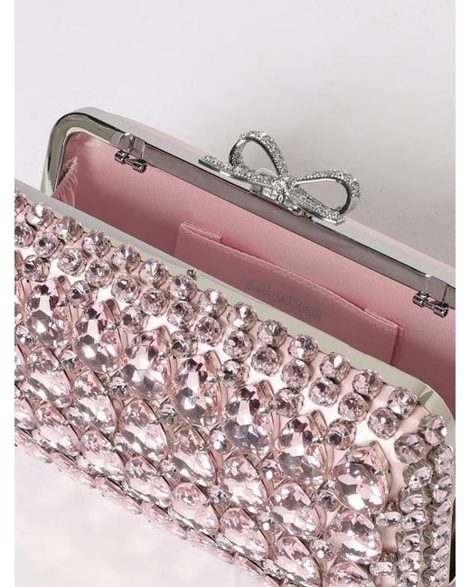 Self-Portrait Pink Satin Clutch With Rhinestones
