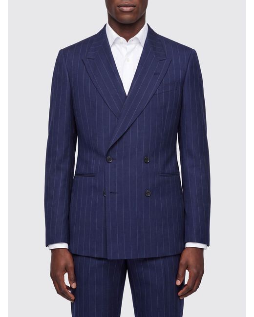 Paul Smith Blue Double-Breasted Pinstripe Wool And Linen Blazer for men