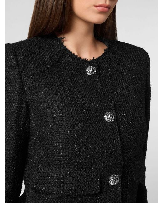 Philipp Plein Black Single-Breasted Short Tweed Blazer With Jewelled Buttons