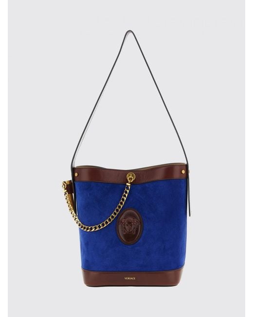 Versace Blue Pivot Suede Bucket Bag
