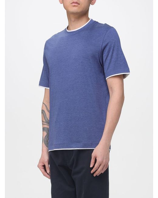 Brunello Cucinelli Blue Cotton And Silk T-Shirt for men
