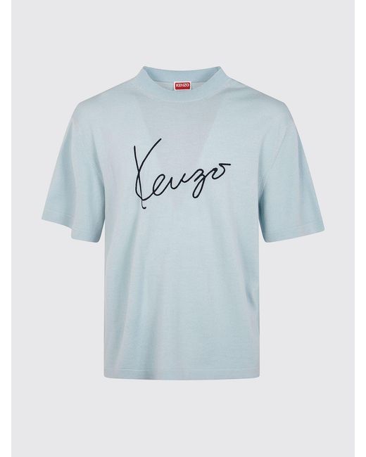 KENZO Blue Dropped Shoulder Pure Wool Logo T-Shirt for men