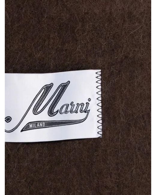 Marni Brown Logo-Patch Fringed Alpaca Wool-Blend Scarf