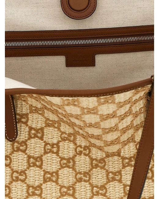 Gucci Natural Large Raffia Tote Bag With Flocked Gg Monogram And Double Handles