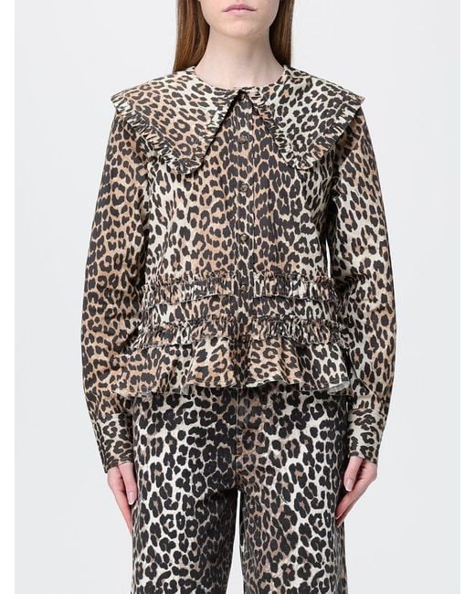 Ganni Gray Organic Cotton Shirt With Animal Print